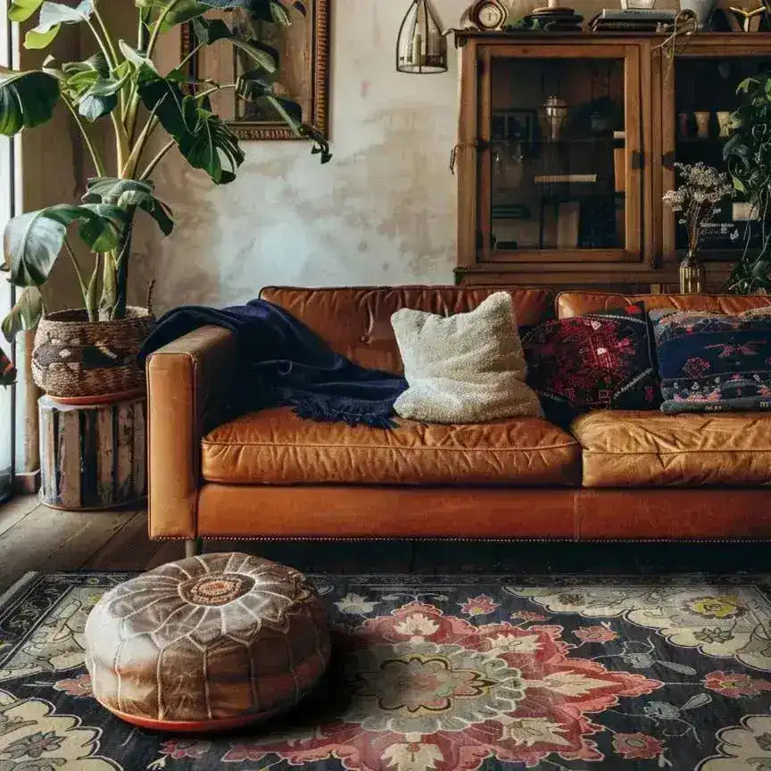 A cozy living room featuring a medium hand-knotted wool rug with dark floral patterns, perfect for 8x10 spaces. This area rug beautifully complements the warm tones of the leather sofa and adds a Persian touch to the living room decor. Ideal for both bedroom and living room settings, this wool rug enhances the elegance of area rugs for living room collections.