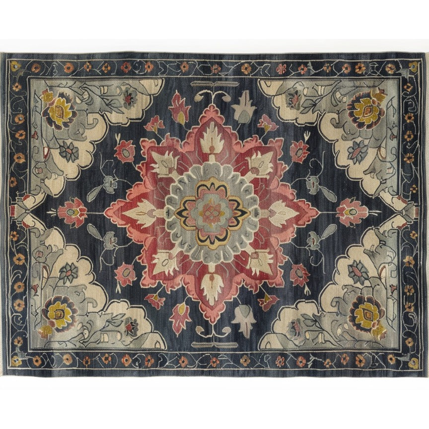 Dark Floral Harmony Medium Hand Knotted Wool Rug