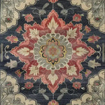 This is a detailed view of the Dark Floral Harmony Medium Hand Knotted Wool Rug, showcasing its intricate Persian-inspired design with vivid colors. Ideal for adding elegance to living rooms or bedrooms, this area rug measures 8x10, making it a perfect choice for those seeking quality wool rugs for their space.