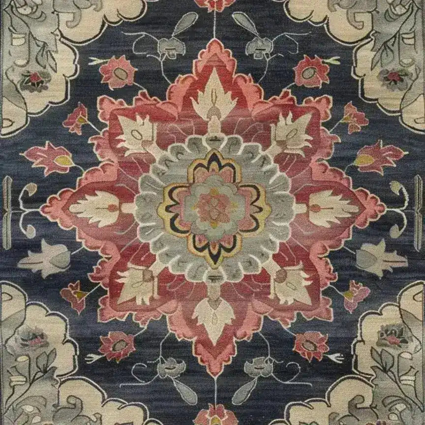 This is a detailed view of the Dark Floral Harmony Medium Hand Knotted Wool Rug, showcasing its intricate Persian-inspired design with vivid colors. Ideal for adding elegance to living rooms or bedrooms, this area rug measures 8x10, making it a perfect choice for those seeking quality wool rugs for their space.