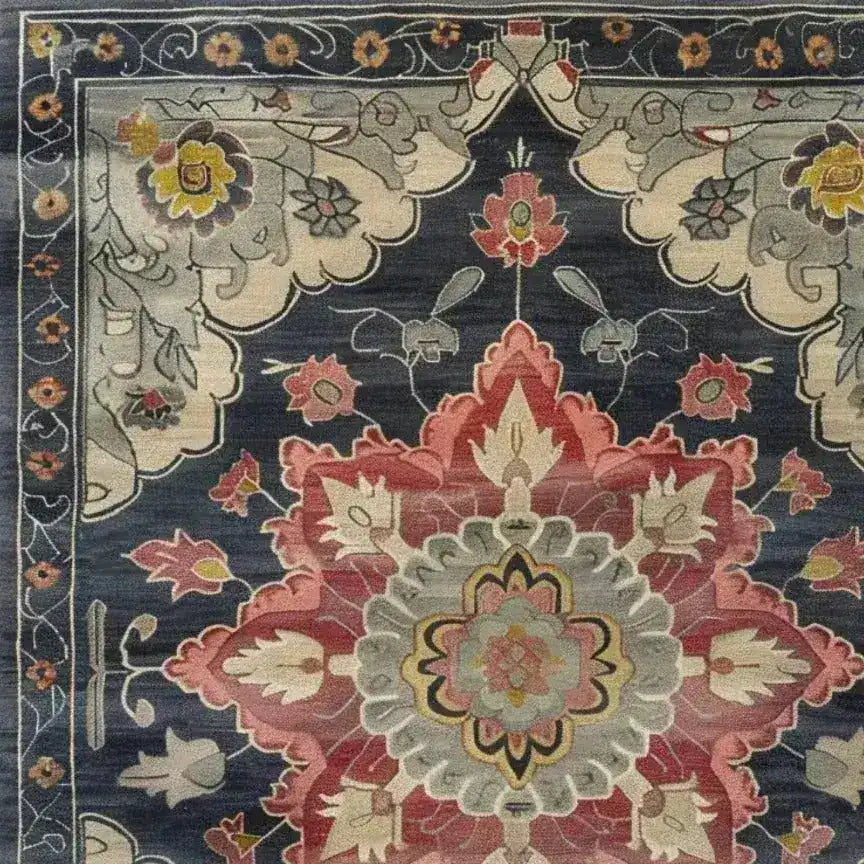 Elegant Dark Floral Harmony medium hand-knotted wool rug showcasing intricate Persian-inspired patterns in rich hues. Perfect for adding a touch of luxury to living rooms or bedrooms, this 8x10 area rug is a timeless choice for those seeking high-quality wool rugs to enhance their decor.