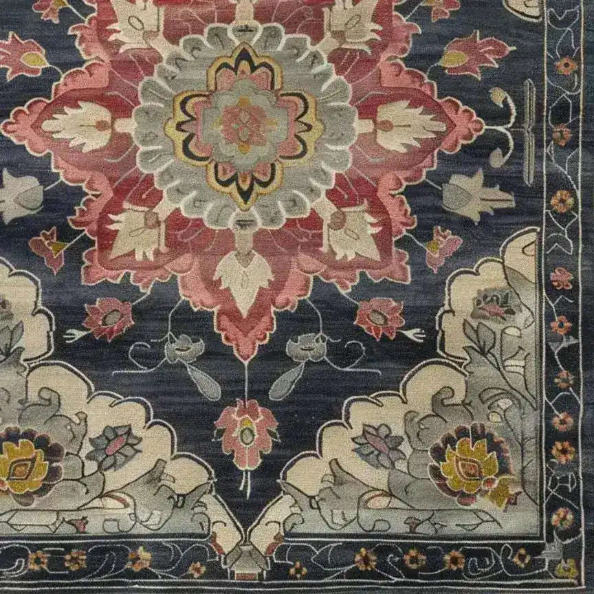 A close-up of a Dark Floral Harmony Medium Hand Knotted Wool Rug, showcasing intricate Persian-inspired patterns with vibrant floral motifs in red and gray tones against a deep blue background. Ideal for adding elegance to living rooms and bedrooms, this 8x10 area rug is perfect for those seeking premium wool rugs.