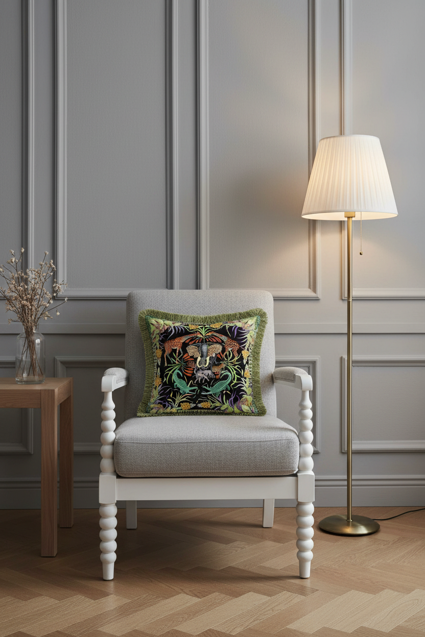 A cream-colored fabric sofa with a single decorative throw pillow featuring a colorful embroidered tiger and tropical foliage pattern with green fringe, set against a textured beige wall and light wood flooring.
