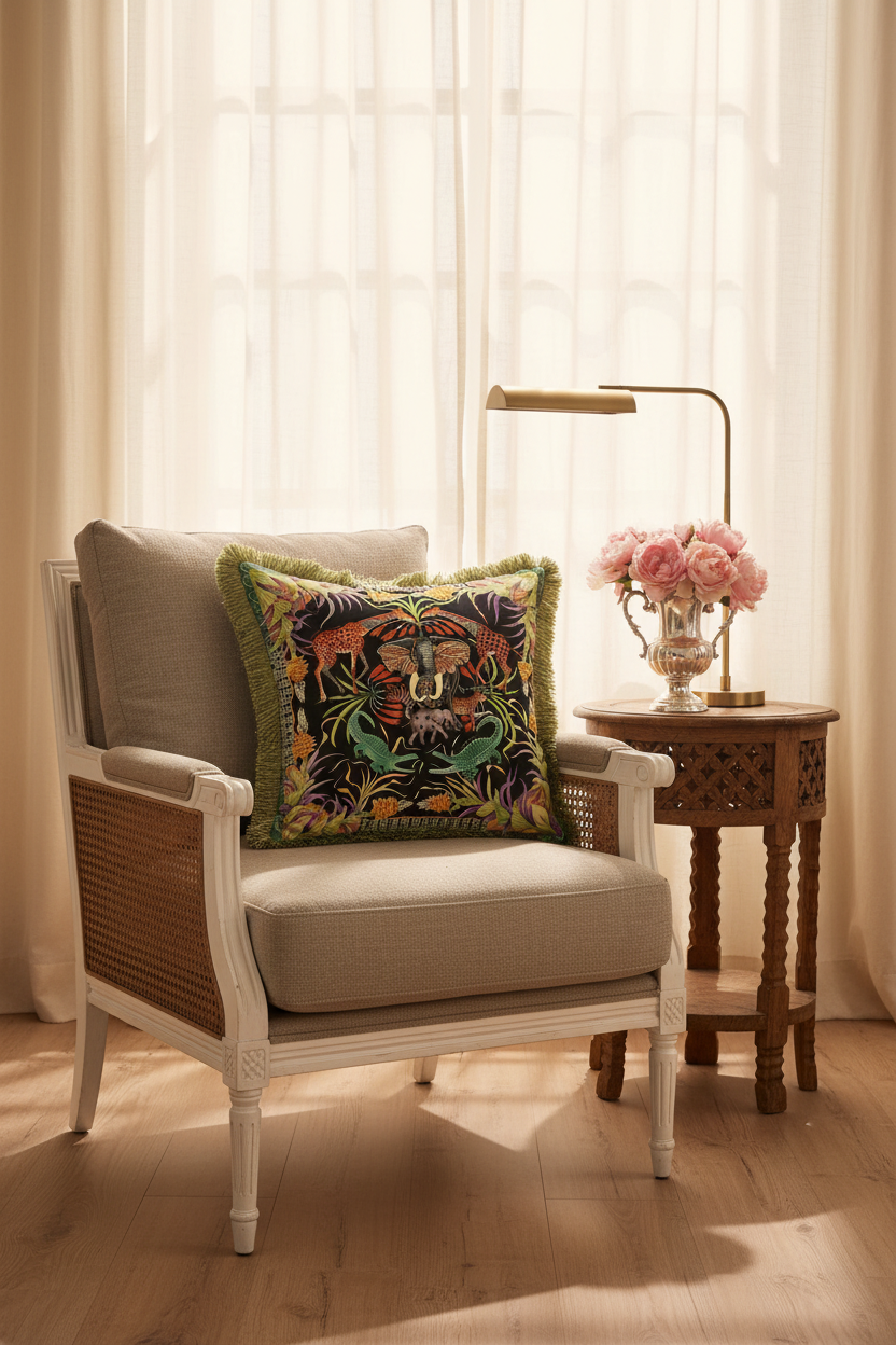 A cream-colored fabric sofa with a single decorative throw pillow featuring a colorful embroidered tiger and tropical foliage pattern with green fringe, set against a textured beige wall and light wood flooring.