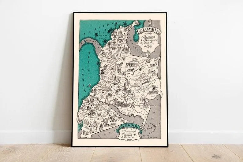 Decorative Map of Colombia and Ecuador| South America Map Print