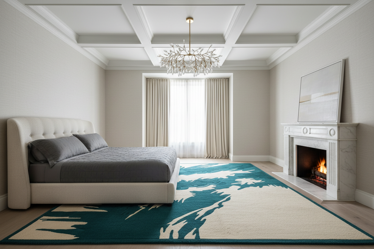 Modern bedroom with a bed, rug, and fireplace.