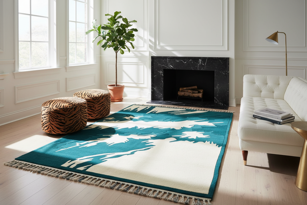 Living room with a blue and white patterned rug, white sofa, and fireplace.