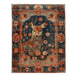 Hand knotted area rug featuring an intricate design of a deer surrounded by vibrant floral patterns in a meadow setting. The rich colors and detailed artwork create a stunning focal point for any room.