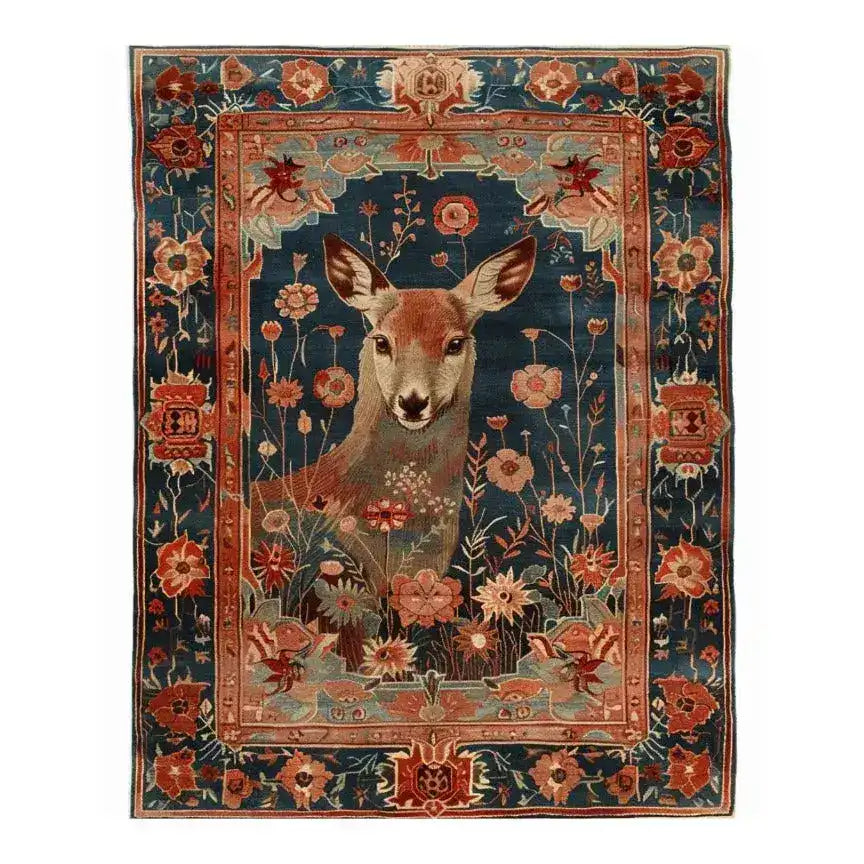 Hand knotted area rug featuring an intricate design of a deer surrounded by vibrant floral patterns in a meadow setting. The rich colors and detailed artwork create a stunning focal point for any room.
