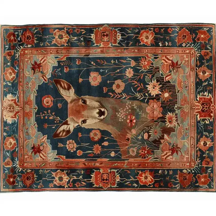 Charming Deer in the Meadow Hand Knotted Area Rug featuring a detailed depiction of a deer surrounded by colorful floral patterns, perfect for enhancing your living room decor. This exquisite design echoes traditional Persian rugs, making it an ideal choice for those seeking elegance and warmth.