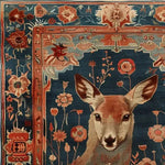 Close-up image of the 'Deer in the Meadow' hand-knotted area rug, showcasing an intricate design with a detailed deer surrounded by vibrant floral patterns. Perfect for adding a touch of nature-inspired elegance to rugs for living room or as a Persian rug centerpiece.