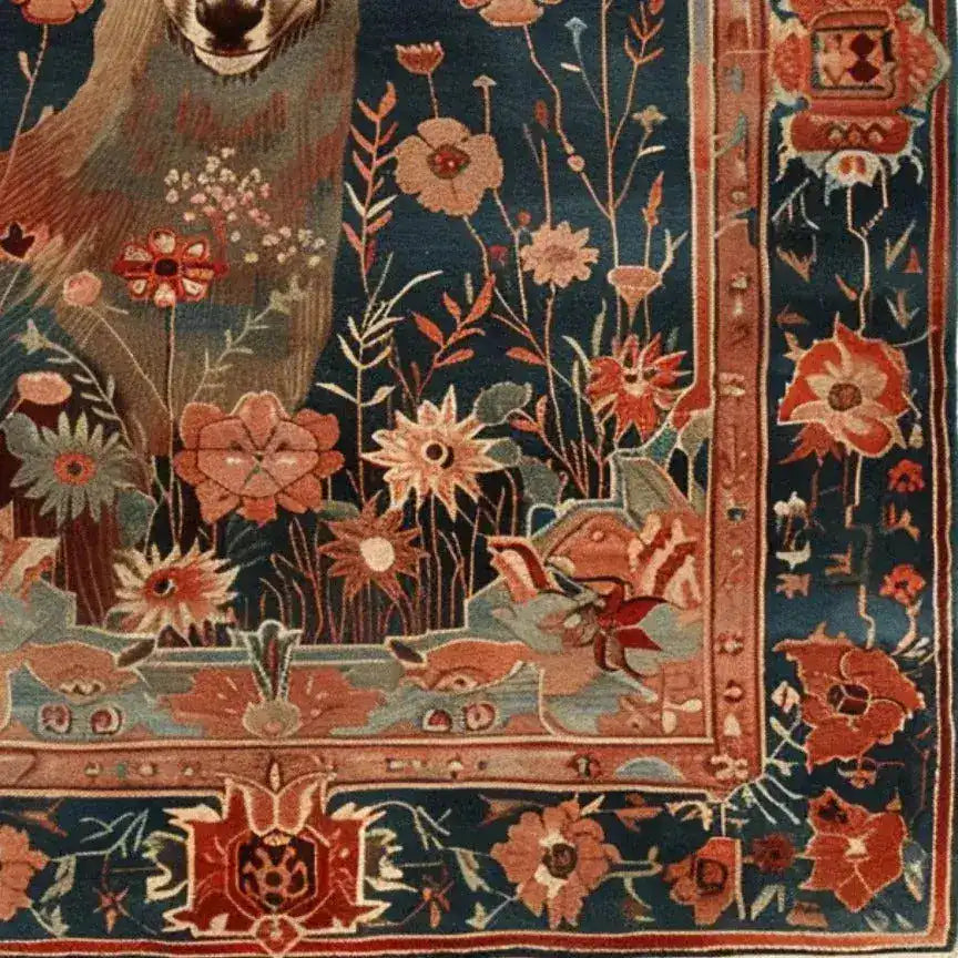 A detailed close-up of the Deer in the Meadow Hand Knotted Area Rug, featuring intricate floral patterns and a deer motif, perfect for adding a touch of elegance to any living room. This exquisite Persian rug design showcases vibrant colors and skilled craftsmanship, ideal for those seeking luxurious rugs for living room decor.