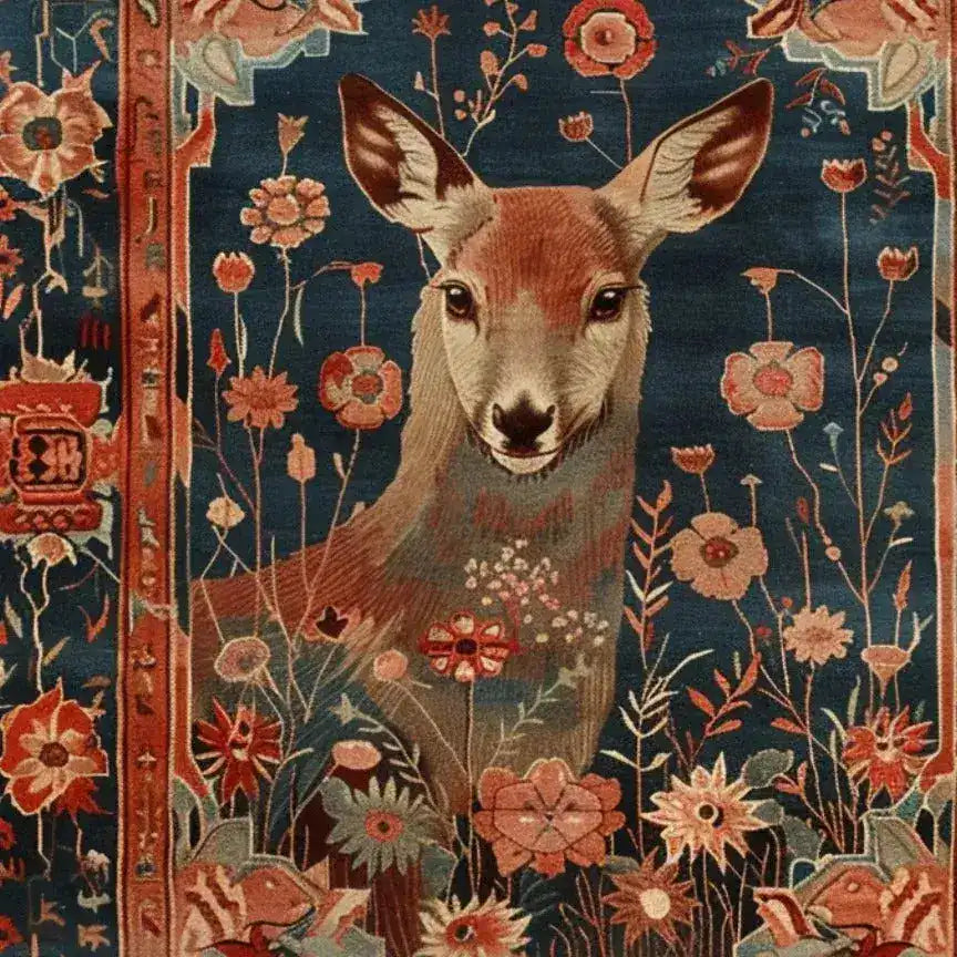 This beautiful hand-knotted area rug features a charming design of a deer nestled among vibrant flowers, set against a rich blue background. Perfect for adding a touch of nature to your living room, this rug captures the elegance of Persian rugs with its intricate details and warm color palette.