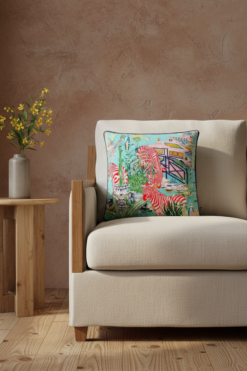 Deluxe Aqua Zebra cushion cover on a cream armchair against a warm terracotta wall
