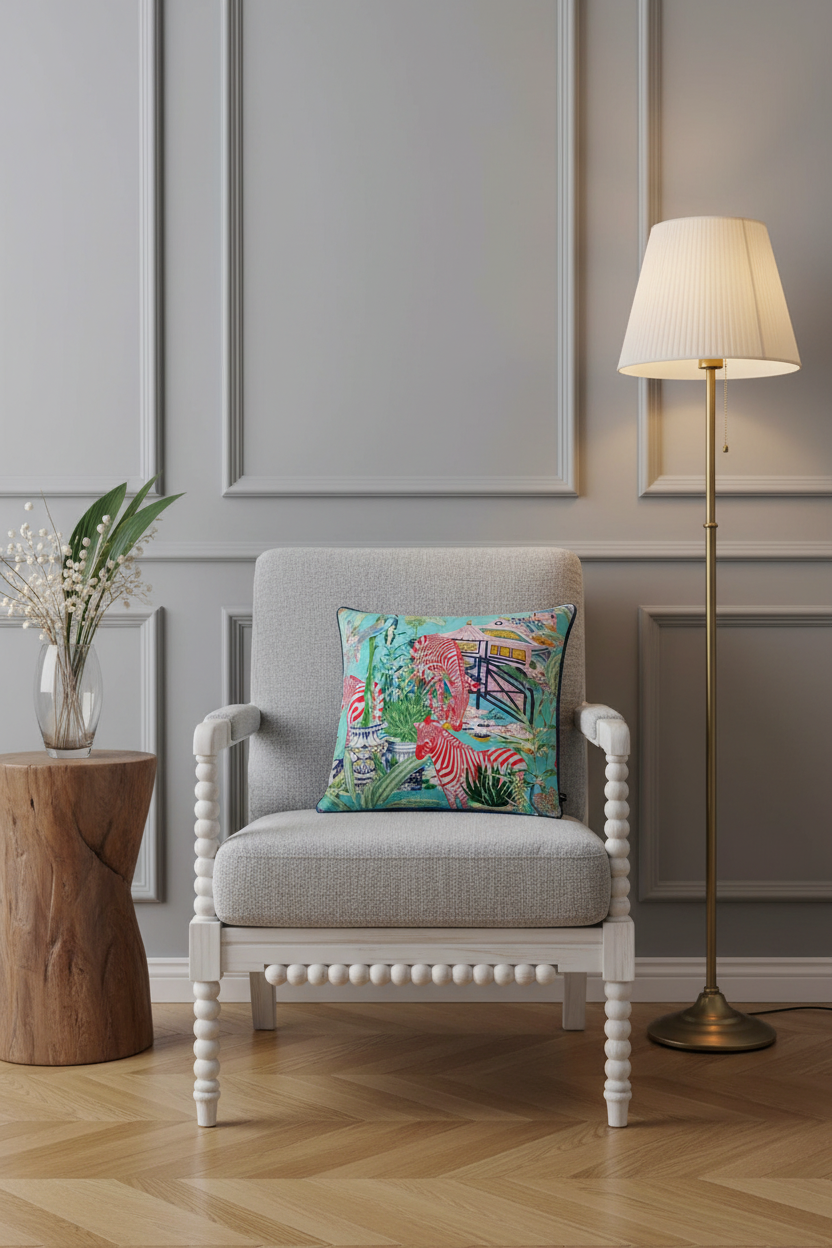 A square decorative throw pillow with a colorful tropical and zebra print sits on an olive green velvet sofa. The pillow features a turquoise background with pink and white zebras, palm trees, and a beach hut. The sofa is styled in a minimalist living room setting with a black vase of dried branches on a side table.