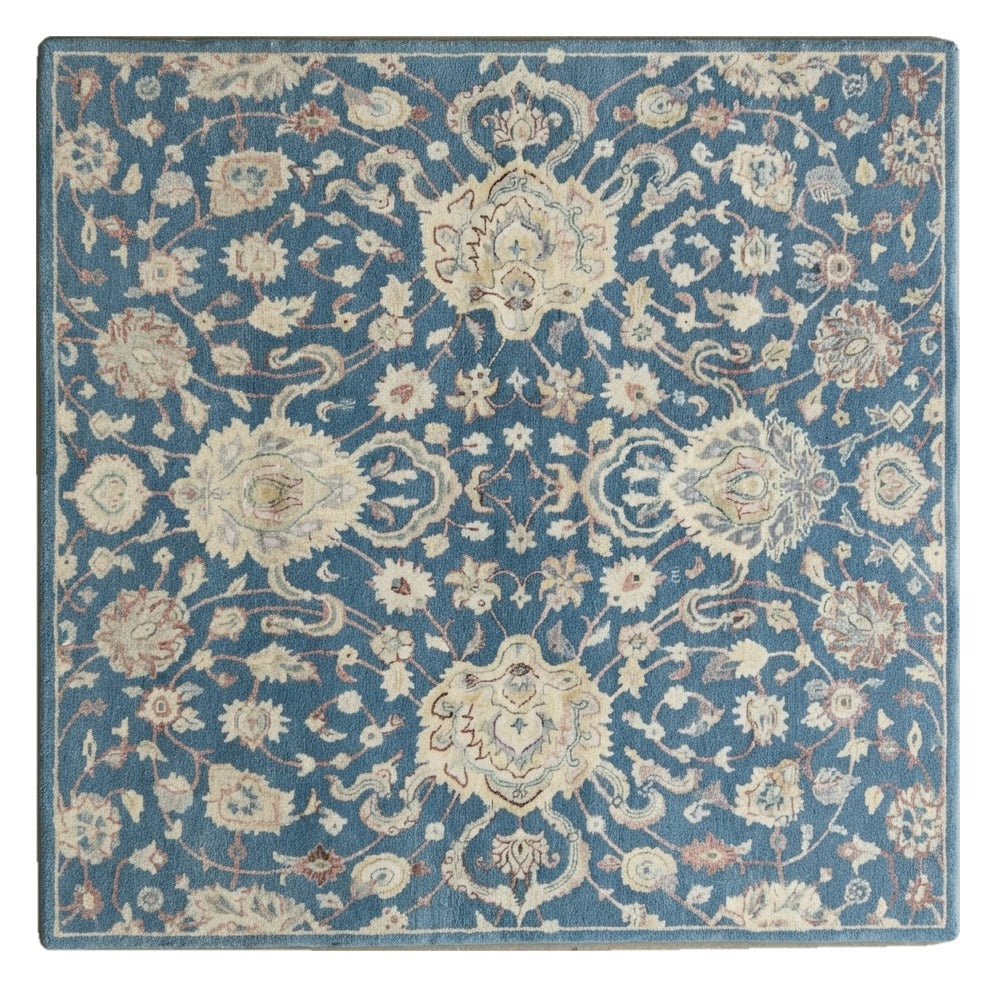 Denim Palmette Garden Square Hand Tufted Rug shown flat on a white background
