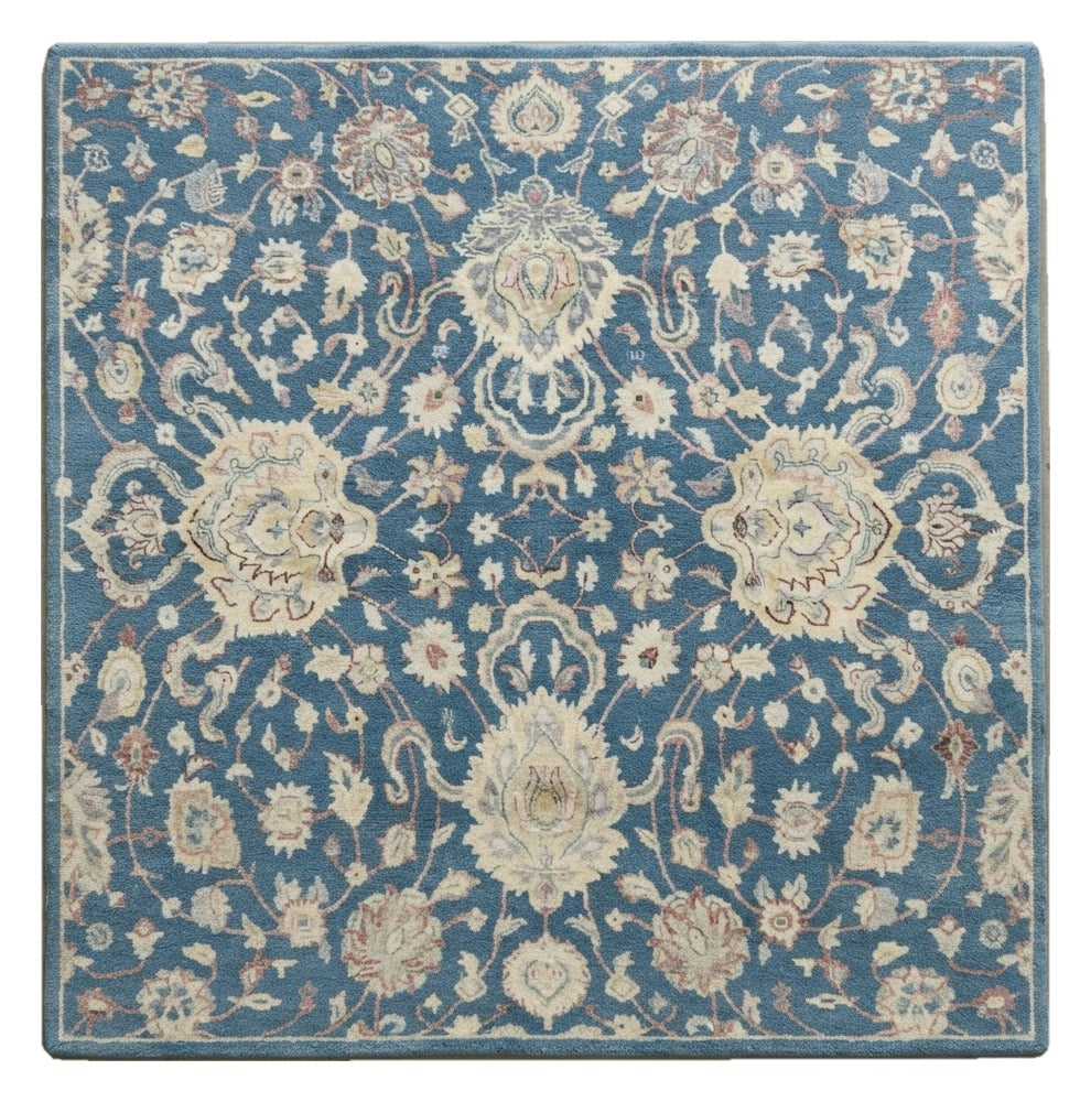 Denim Palmette Garden Square Hand Tufted Rug — blue, denim, cream traditional rug by Maia Homes on a white background