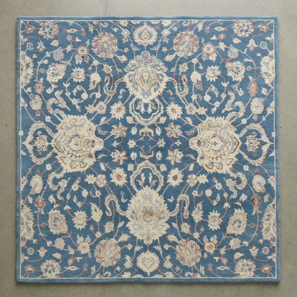 Denim Palmette Garden Square Hand Tufted Rug — blue, denim, cream traditional rug by Maia Homes