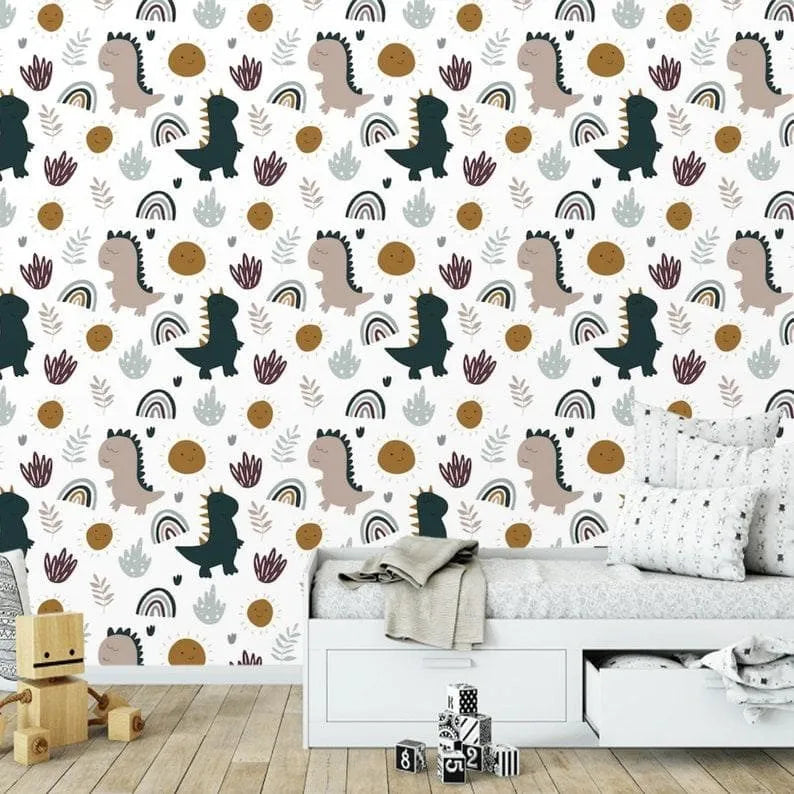 Dinosaurs and Rainbows Nursery Wallpaper