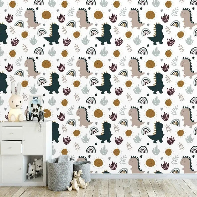 Dinosaurs and Rainbows Nursery Wallpaper