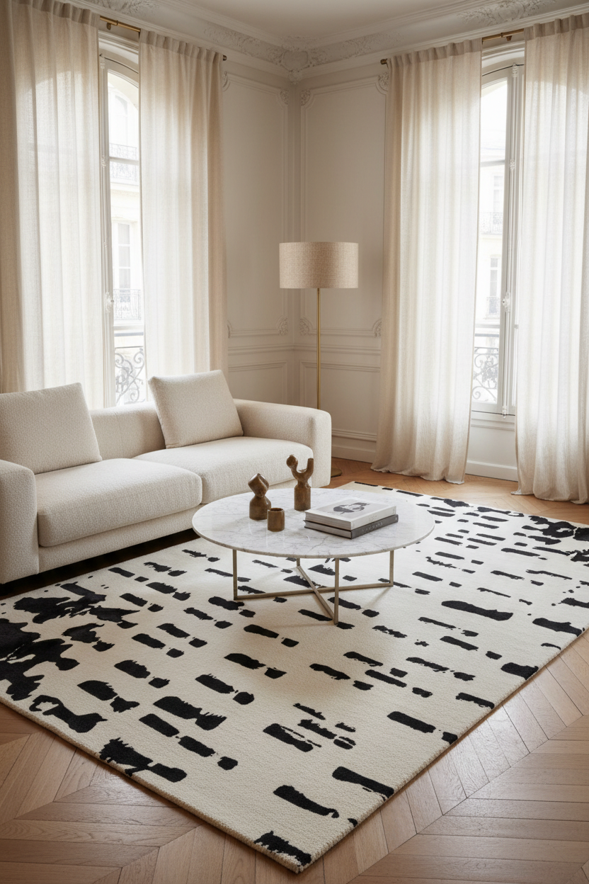 A modern living room featuring a large cream and black abstract patterned area rug on a light wood herringbone floor. The room is styled with a cream sofa, a marble-top round coffee table, sheer curtains, and a floor lamp.