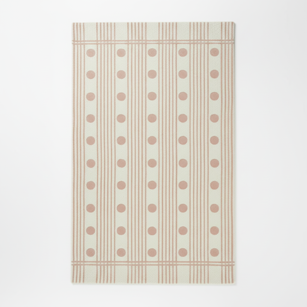 Patterned rug with pink polka dots and stripes on a light background