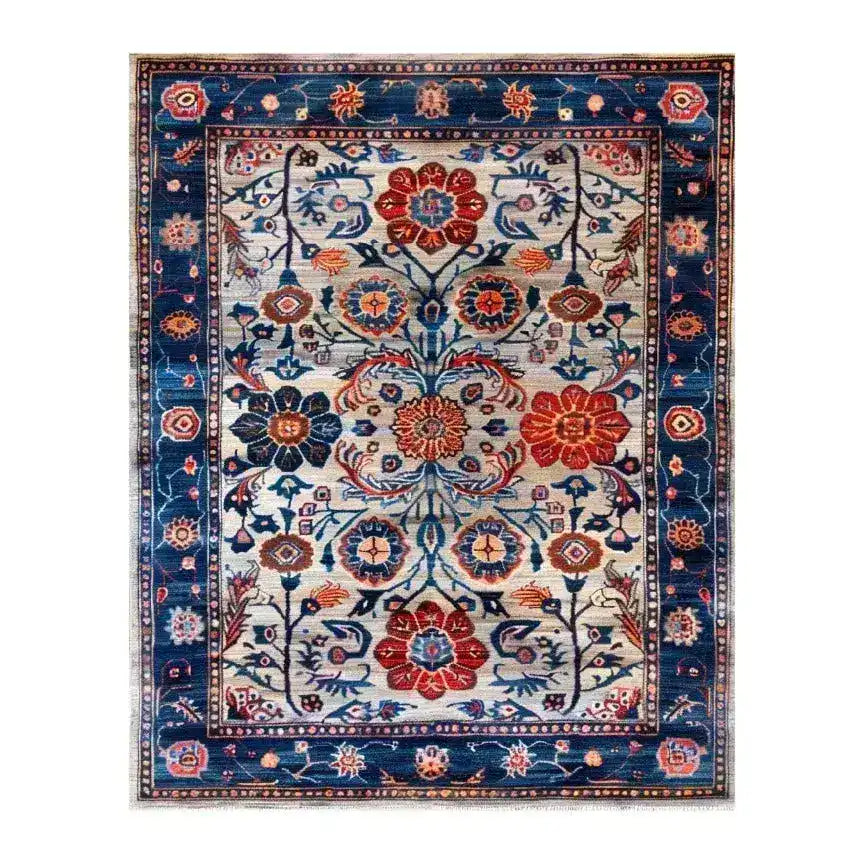 Dreamy Floral Escape Hand Knotted Wool Rug featuring a vibrant floral design. This large area rug showcases intricate Persian patterns in rich blues and reds, perfect as a dining table rug in a dining room. Ideal for adding elegance and warmth, this wool rug is a stunning example of dining room area rugs.
