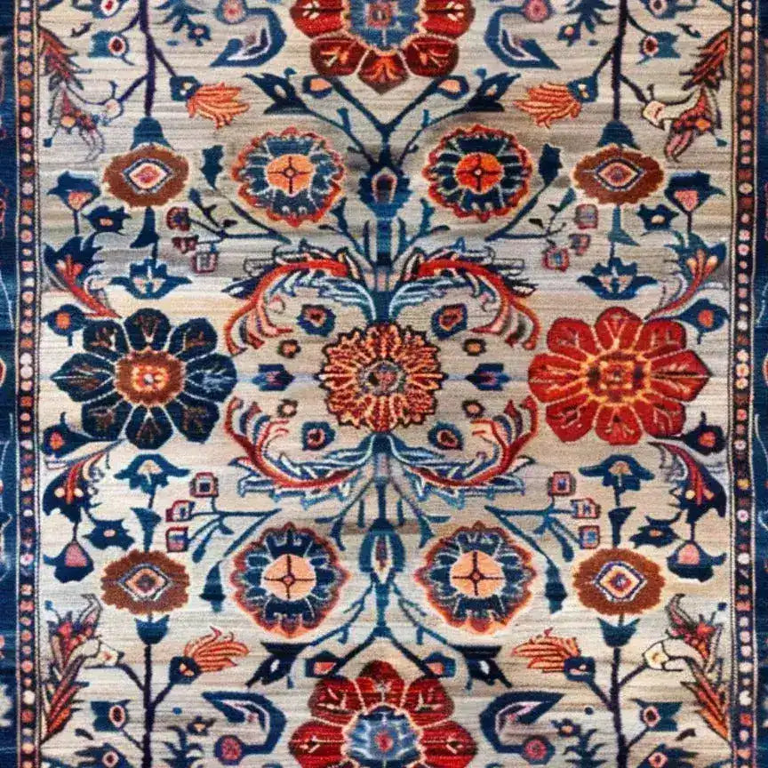 A beautifully detailed hand-knotted wool area rug showcasing an intricate floral design with rich red, blue, and orange hues. Perfect for adding a vintage charm to your living room or dining room. This floral rug captures the essence of Persian rugs, making it an ideal choice for those seeking elegant area rugs for living room or dining room carpets.