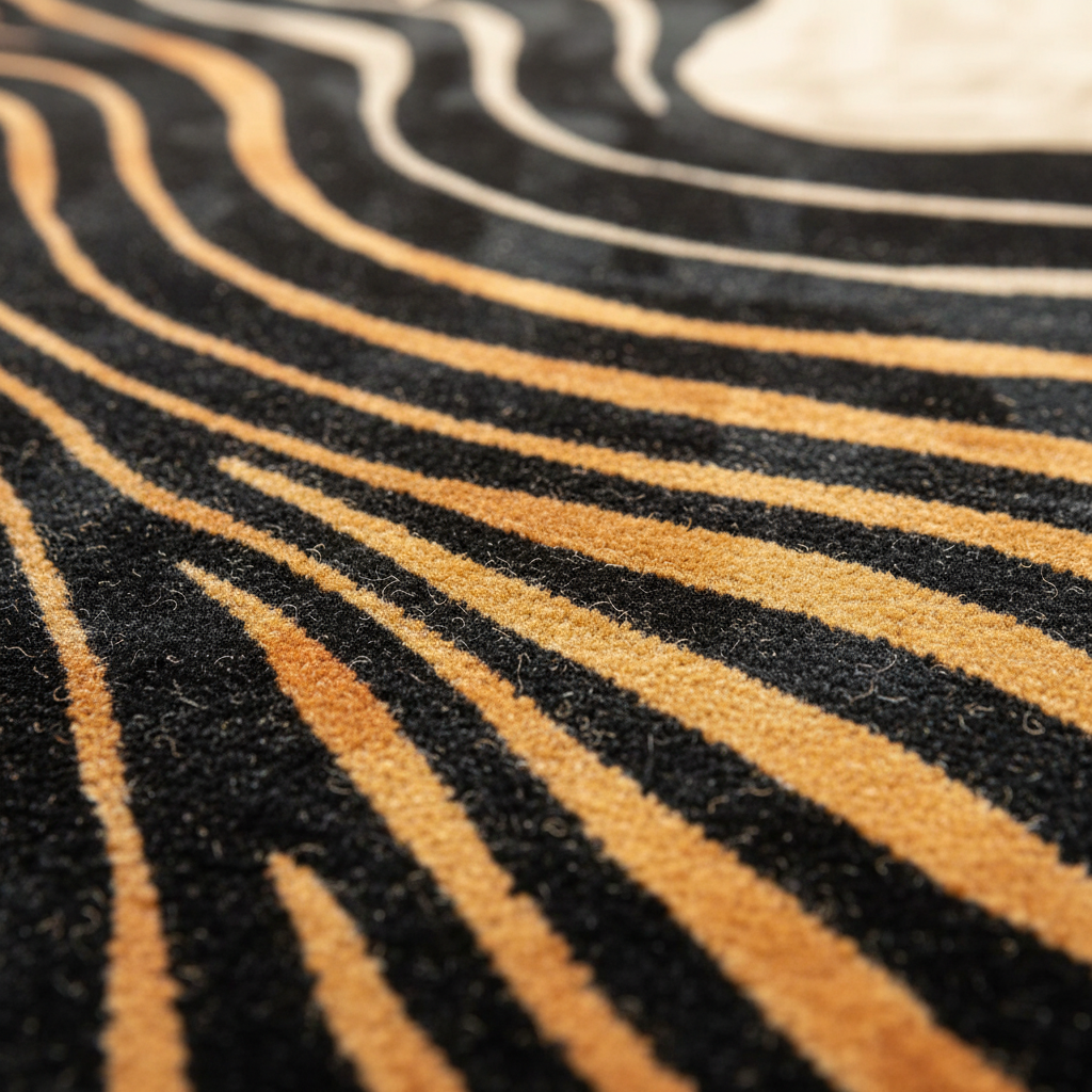 Close-up of a black and gold striped pattern rug