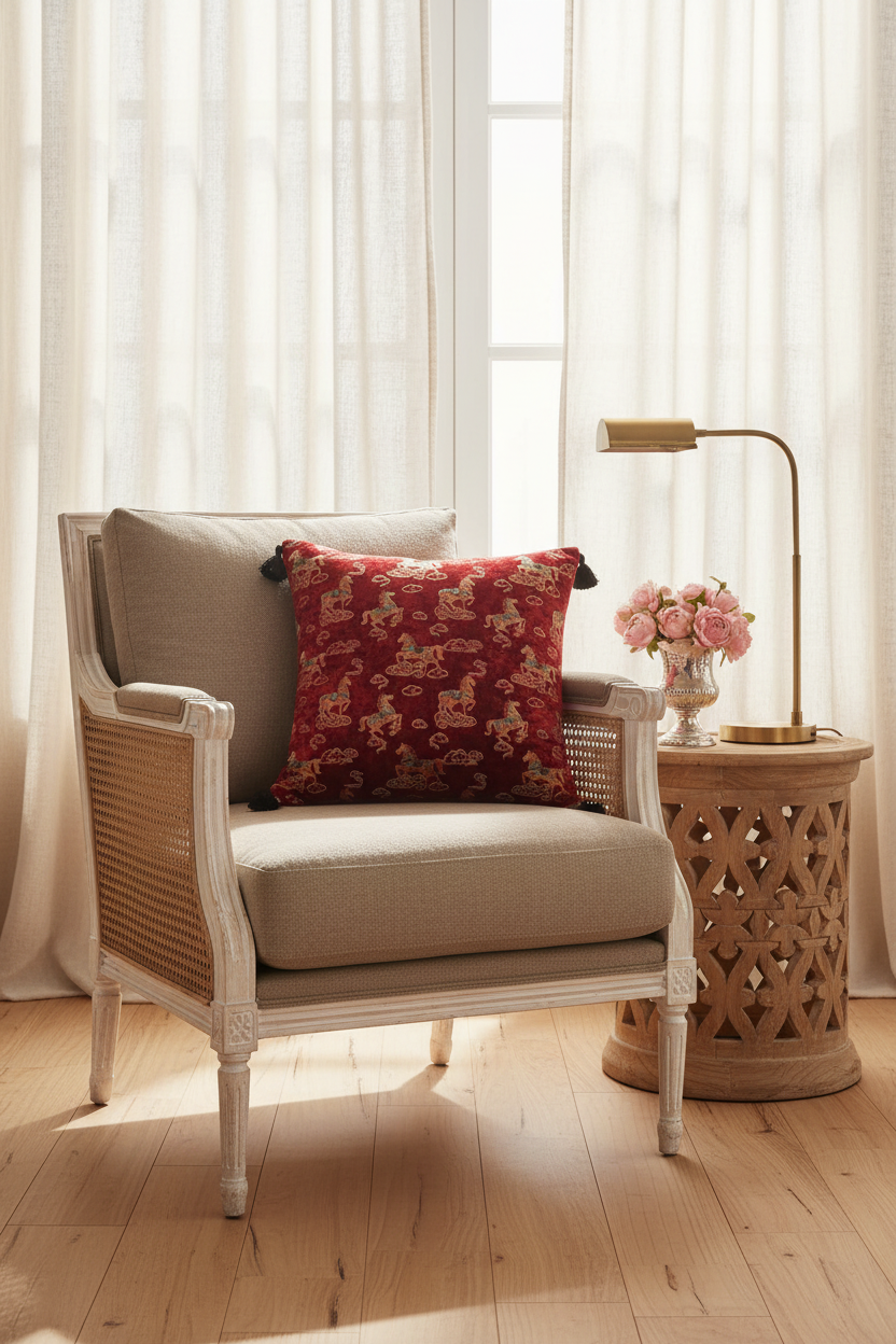 An olive green sofa in a modern living room setting, styled with a red patterned throw pillow and a black side table holding a black vase with dried branches.