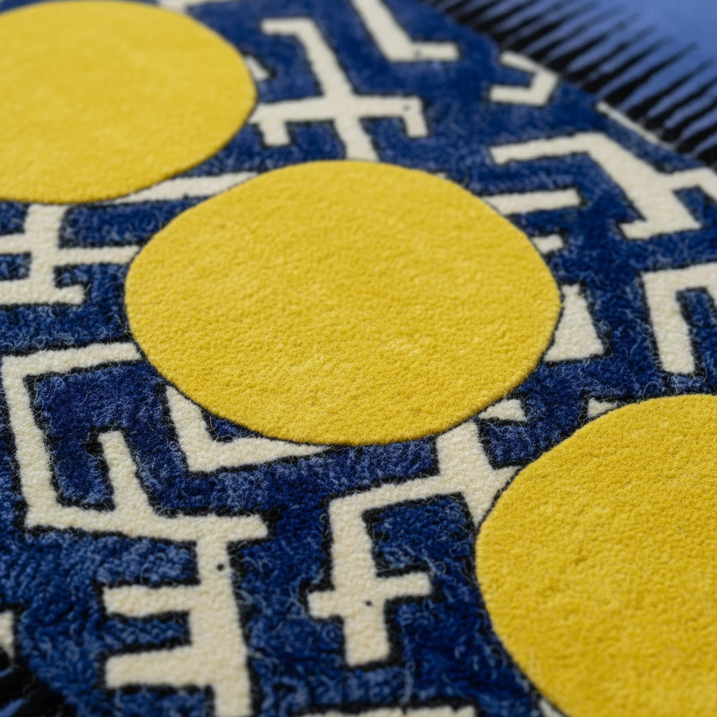 Close-up of a patterned rug with yellow circles and blue geometric design