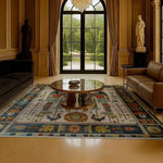 Luxurious living room featuring the Egyptian Elegance Hand Knotted Area Rug, a stunning vintage rug with intricate Persian-inspired designs. Perfect for adding a touch of elegance to large living rooms, this area rug showcases a rich tapestry of colors and patterns, complementing the classic decor and opulent furnishings.