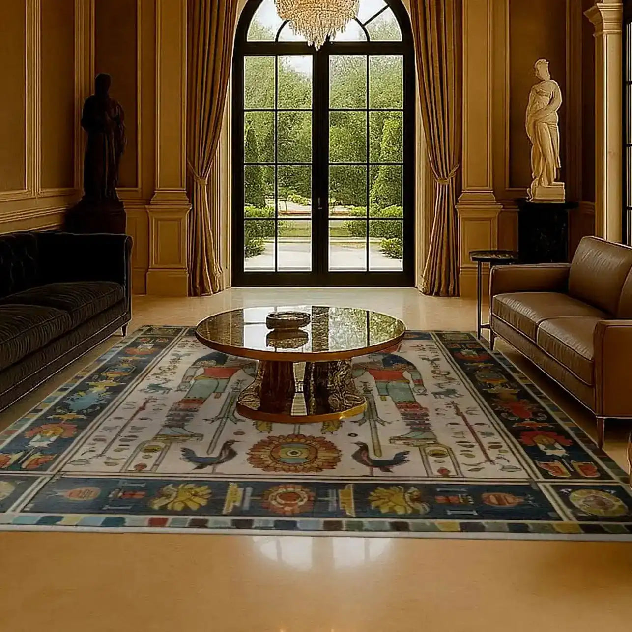 Luxurious living room featuring the Egyptian Elegance Hand Knotted Area Rug, a stunning vintage rug with intricate Persian-inspired designs. Perfect for adding a touch of elegance to large living rooms, this area rug showcases a rich tapestry of colors and patterns, complementing the classic decor and opulent furnishings.
