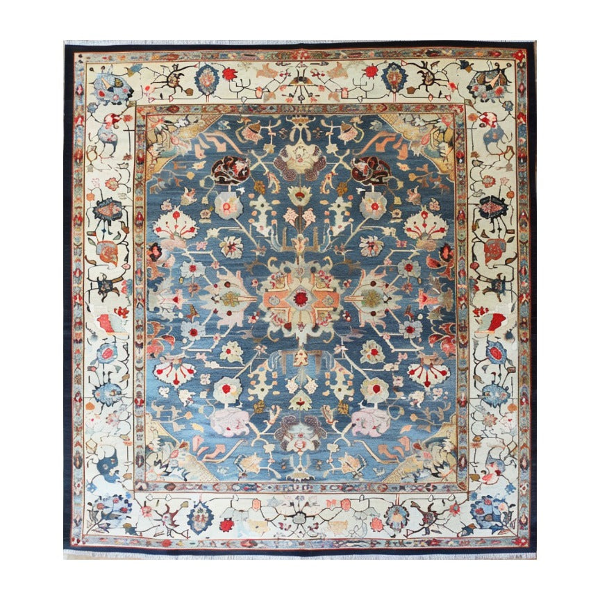 Elegant Blue Floral Hand Knotted Area Rug