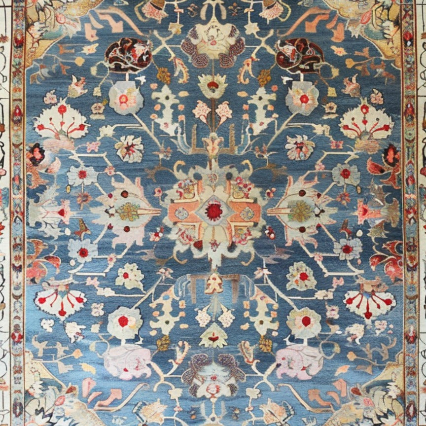 Elegant Blue Floral Hand Knotted Area Rug