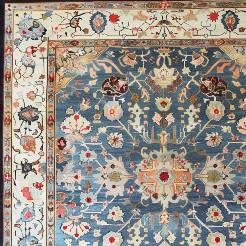 Elegant Blue Floral Hand Knotted Area Rug