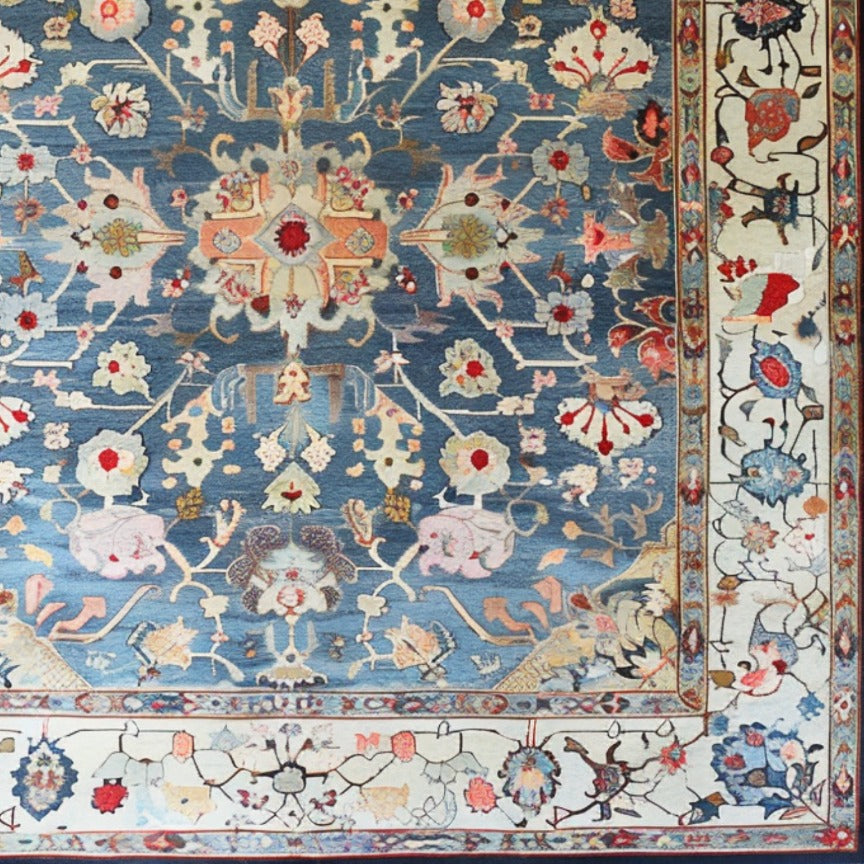 Elegant Blue Floral Hand Knotted Area Rug