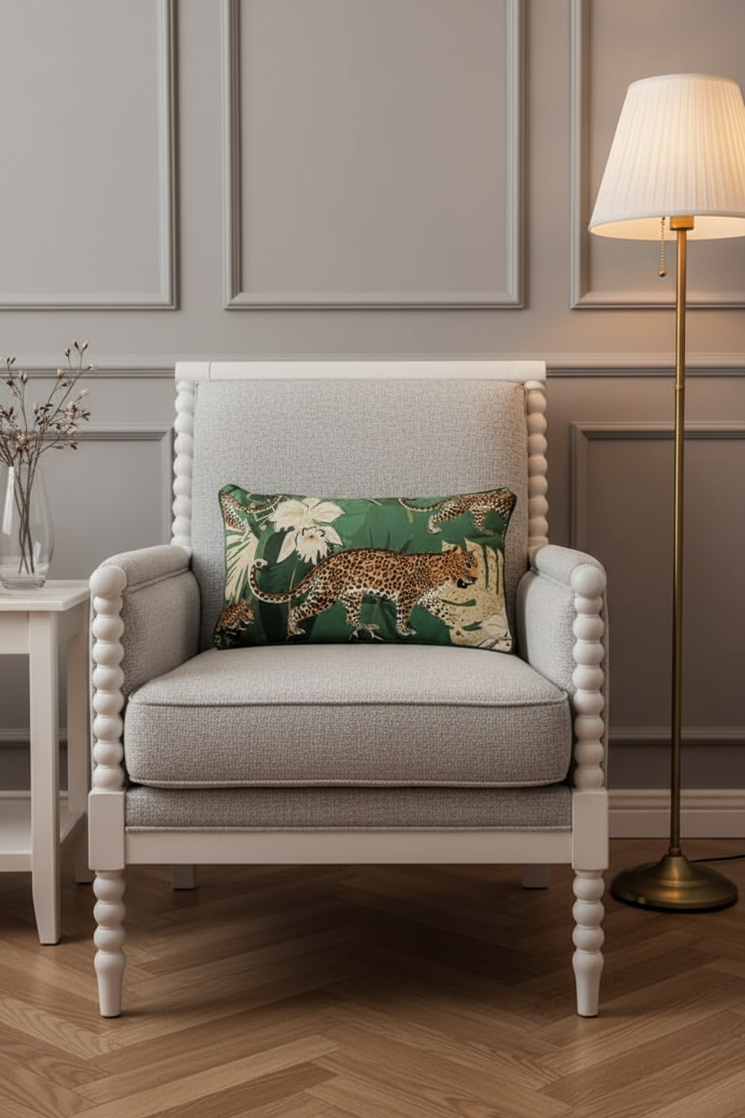 A light gray upholstered armchair with turned wooden arms and legs, styled in a room with a green leopard-print throw pillow, a floor lamp, and a side table.