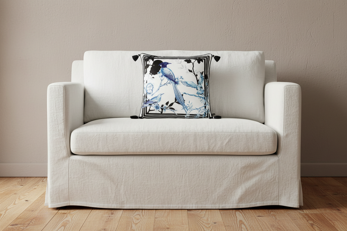 A cream-colored slipcovered armchair with a decorative throw pillow featuring a blue and black bird design, set against a neutral beige wall and light wood flooring.