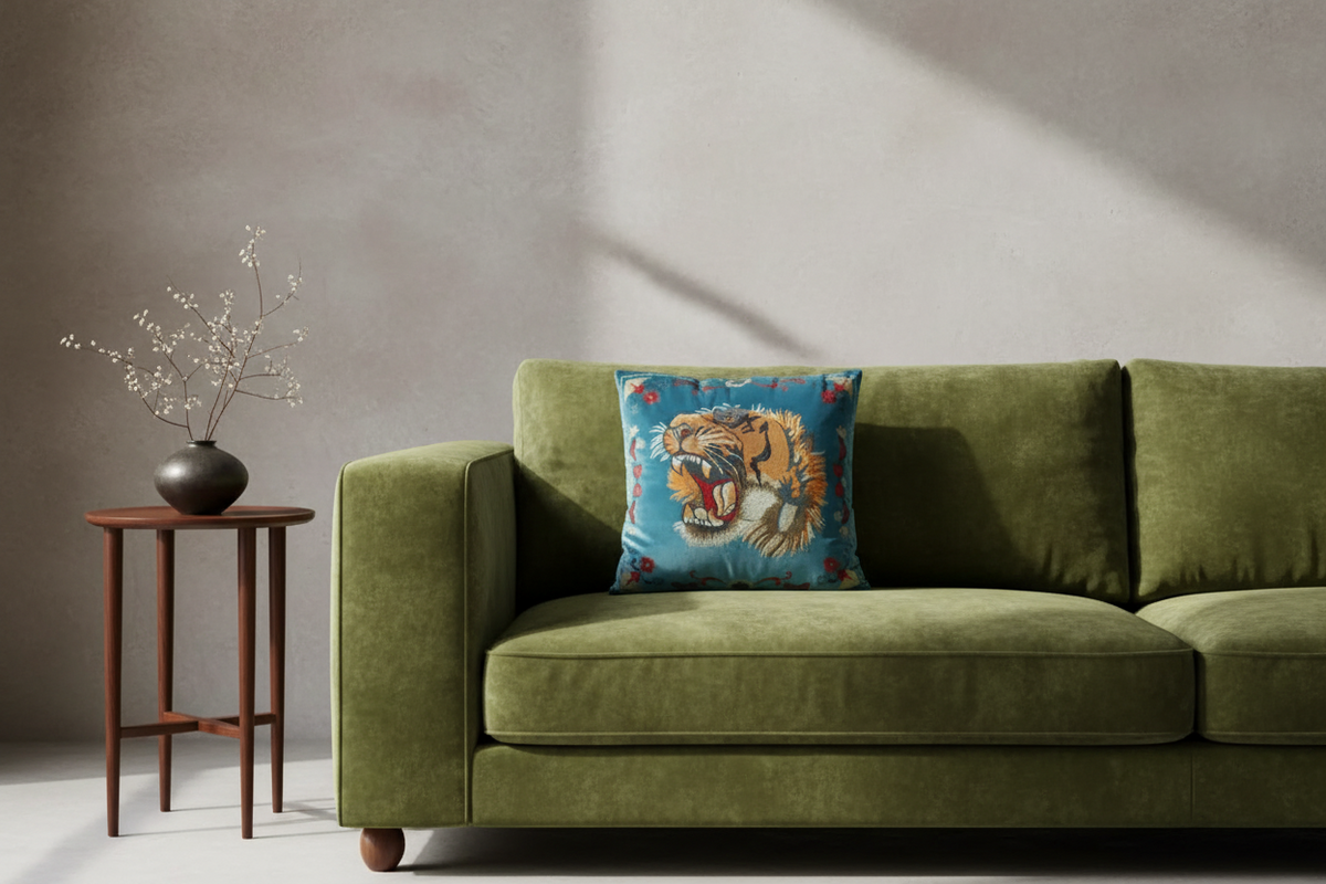 An olive green velvet sofa in a styled room setting, featuring a square blue throw pillow with a detailed tiger print. A small wooden side table with a black vase and dried branches stands to the left against a textured gray wall with soft diagonal sunlight shadows.