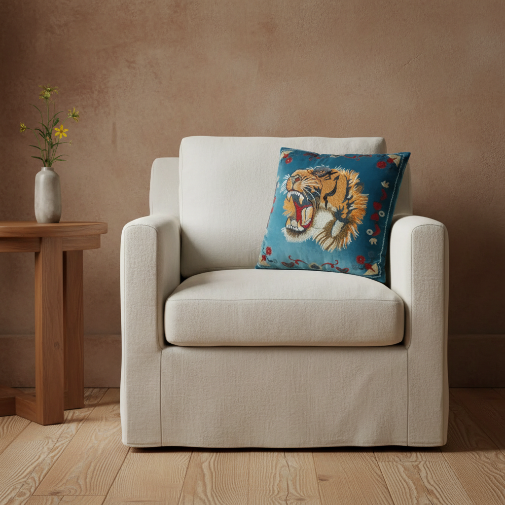 A cream-colored upholstered armchair in a styled room setting, featuring a blue throw pillow with a detailed tiger illustration. A wooden side table with a vase of yellow flowers is positioned to the left.