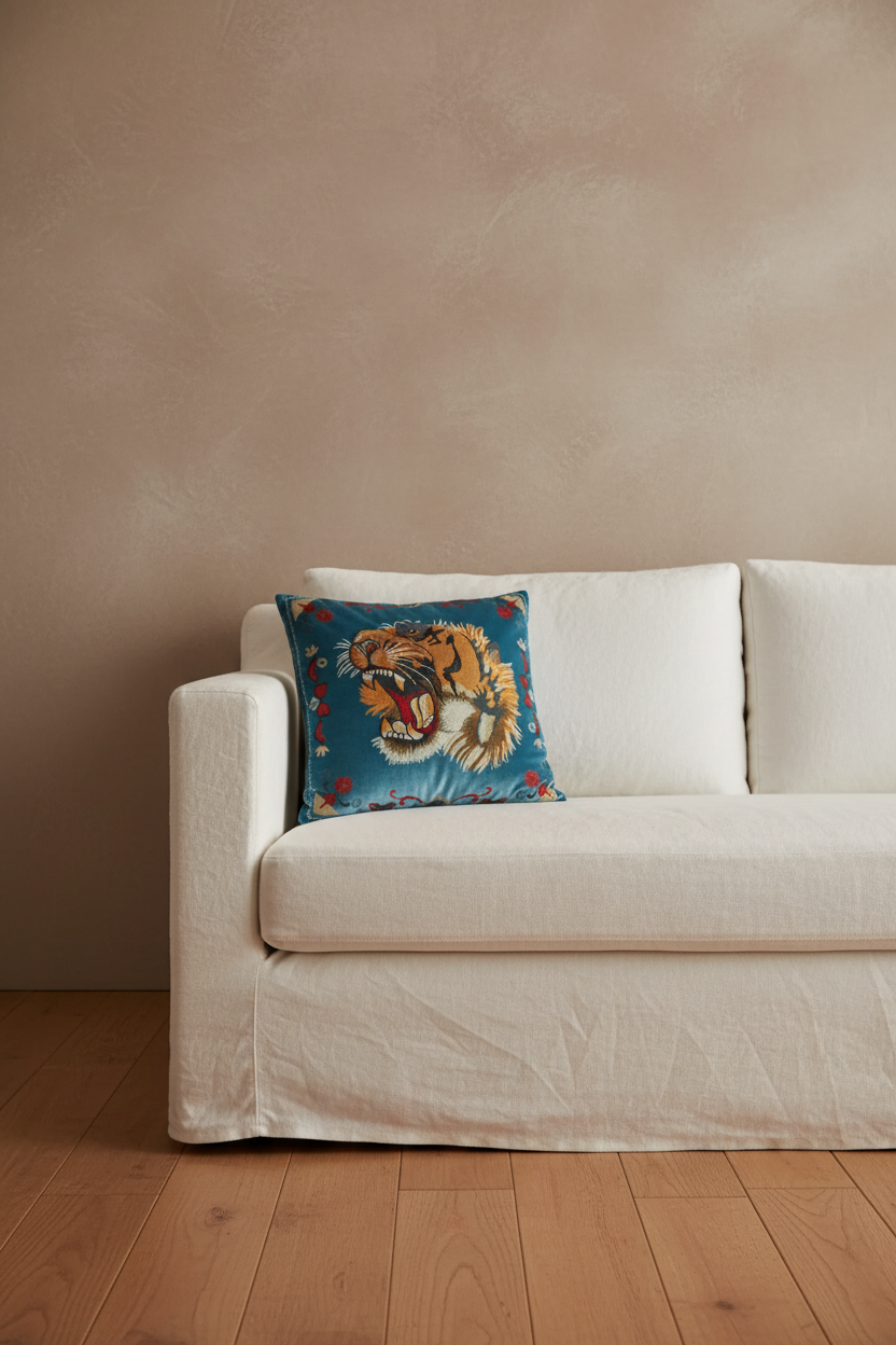 A square decorative throw pillow featuring a roaring tiger design on a teal background with red floral accents, styled on a cream-colored slipcovered sofa against a textured beige wall and light wood flooring.