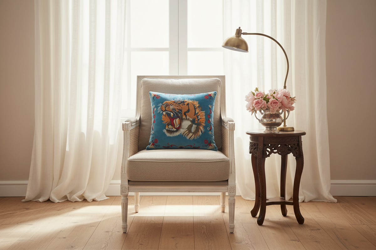 A decorative square throw pillow featuring a vibrant blue background with a detailed tiger print and red floral accents, styled on a beige armchair in a bright, sunlit room with white curtains and a wooden side table.