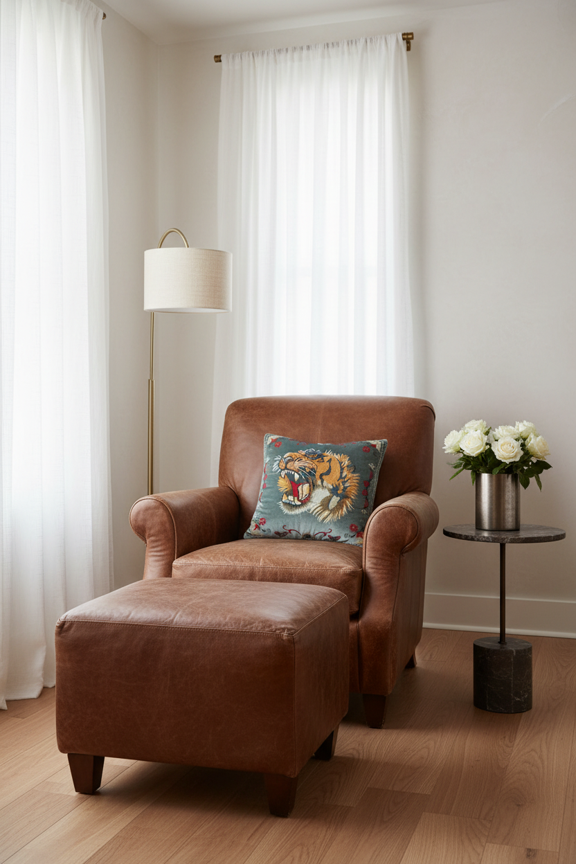 A brown leather armchair with a matching ottoman in a bright room, styled with a blue tiger-print throw pillow, a floor lamp, and a side table with white flowers.