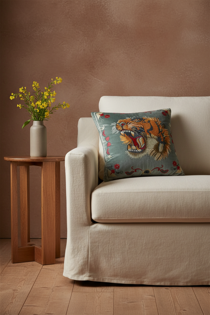 A decorative throw pillow featuring a roaring tiger design on a muted blue-green background with red floral accents, styled on a cream-colored sofa next to a wooden side table with yellow flowers against a textured brown wall.