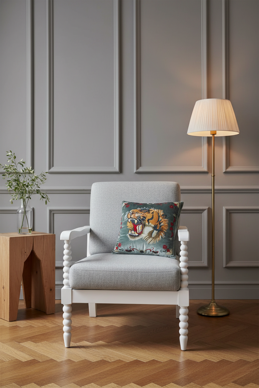 A white armchair with a light gray upholstered seat, styled in a room with gray paneled walls and a wood floor. A decorative throw pillow featuring a roaring tiger is placed on the chair, alongside a wooden side table with a vase of greenery and a brass floor lamp.