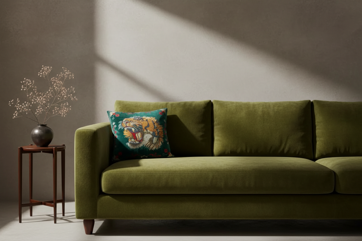 An olive green velvet sofa in a styled room setting with a small wooden side table holding a dark vase with dried flowers and a decorative tiger-print throw pillow.