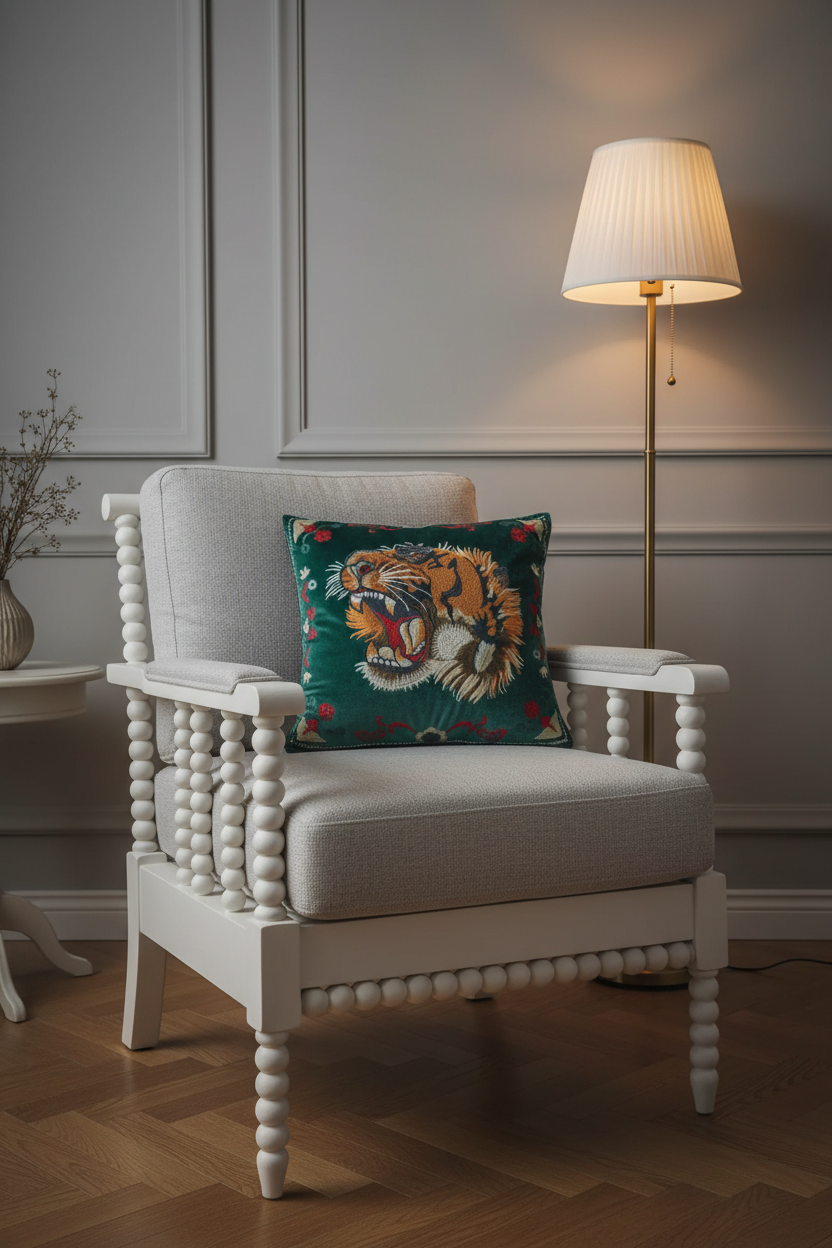 A white upholstered armchair with turned spindle-style arms and legs sits in a styled room with a lit floor lamp, paneled gray wall, and wood floor. A decorative teal throw pillow with a tiger print rests on the chair.