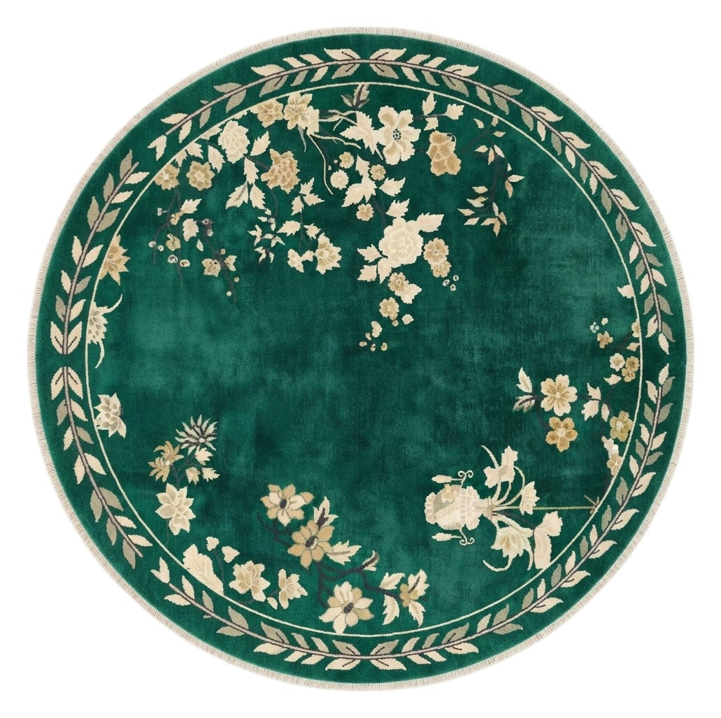 Emerald Blossom Moon Round Hand Knotted Silk Rug shown flat on a white background