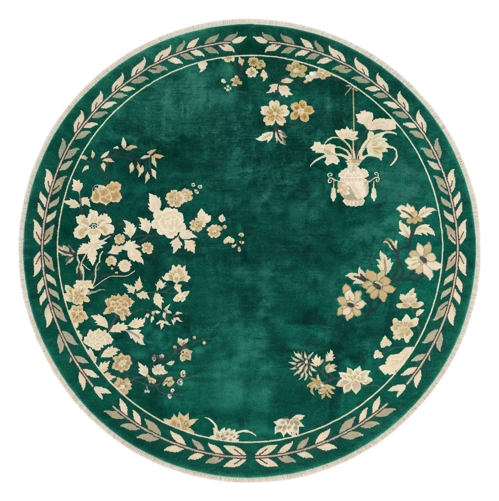 Emerald Blossom Moon Round Hand Knotted Silk Rug — emerald, green, cream chinoiserie rug by Maia Homes on a white background